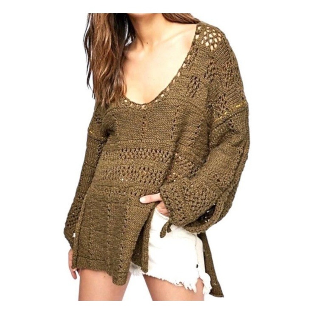 Free People Green Open Knit Tunic Sweater Boho Flared Sleeve "Belong To You" S